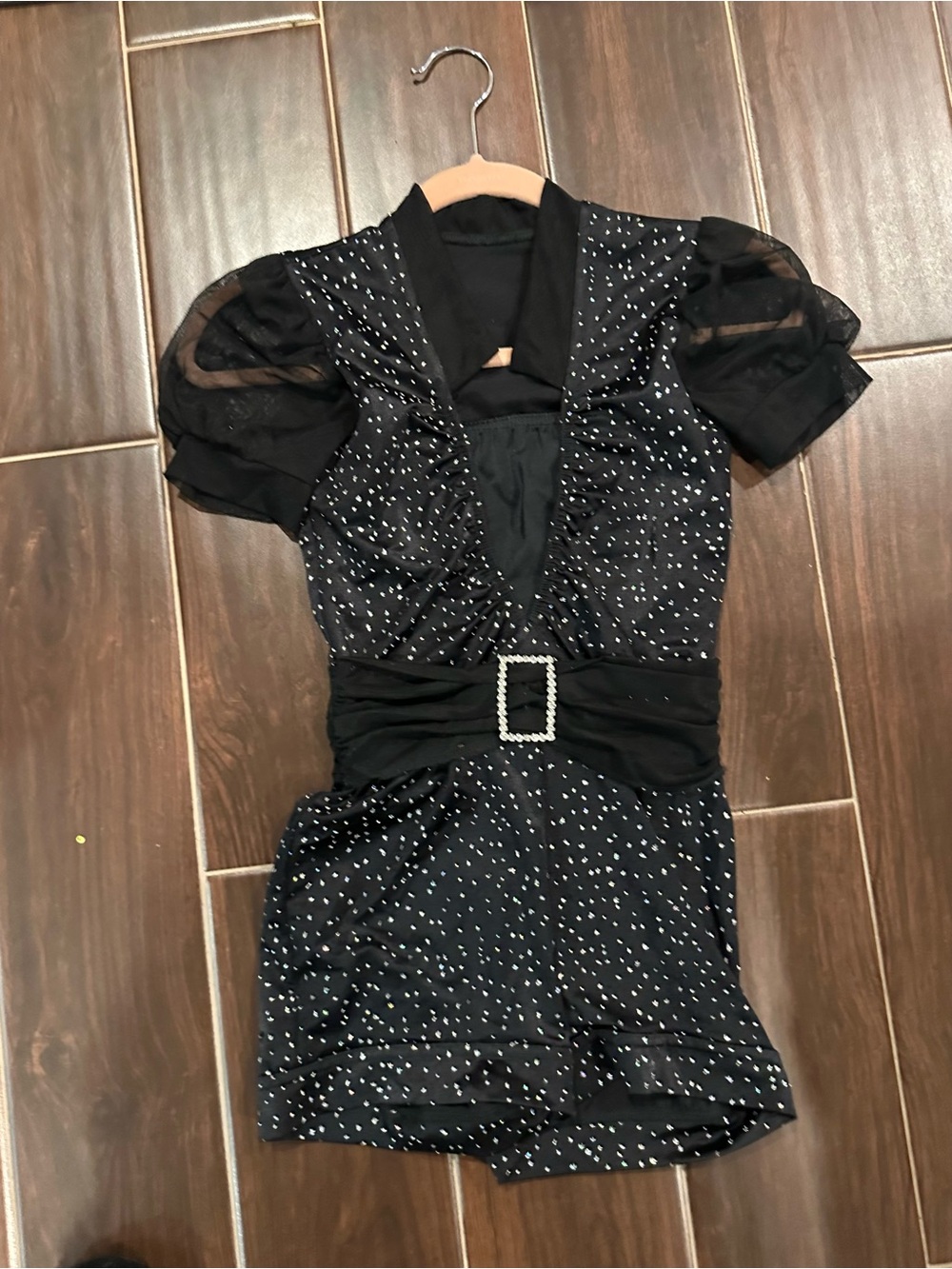 Girls Kelle Black Mini Dress with Puff Sleeves and Rhinestone Buckle